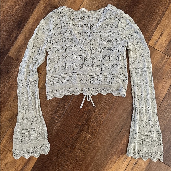Crochet tie front cropped cardigan-light sage green - Picture 4 of 4